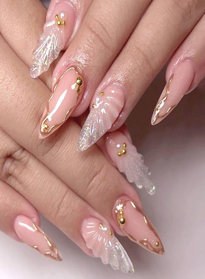 YKZFUI 24pcs French Tip Press on Nails Medium Almond Fake Nails Pearl Full Cover Silver Glitter Design Gold French Ripple Line False Nails Acrylic Nail Cute Finger Manicure Decor Artificial Nails for Women - Image 1